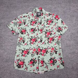 Liquid Death Button Up Shirt Men's Medium Roses Floral Skulls Hawaiian